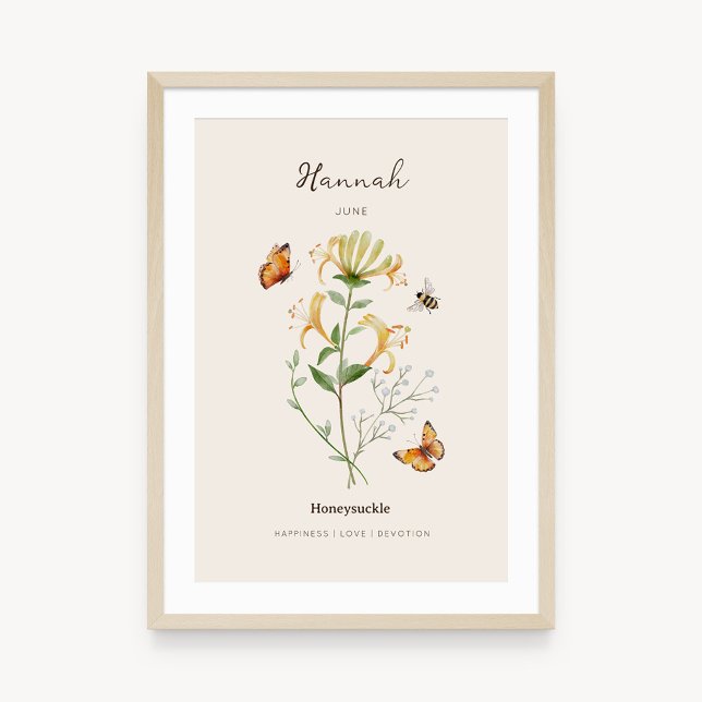 Poster Cartaz de Flor de Nascimento Honeysuckle (Example of honeysuckle birth flower poster once framed. )