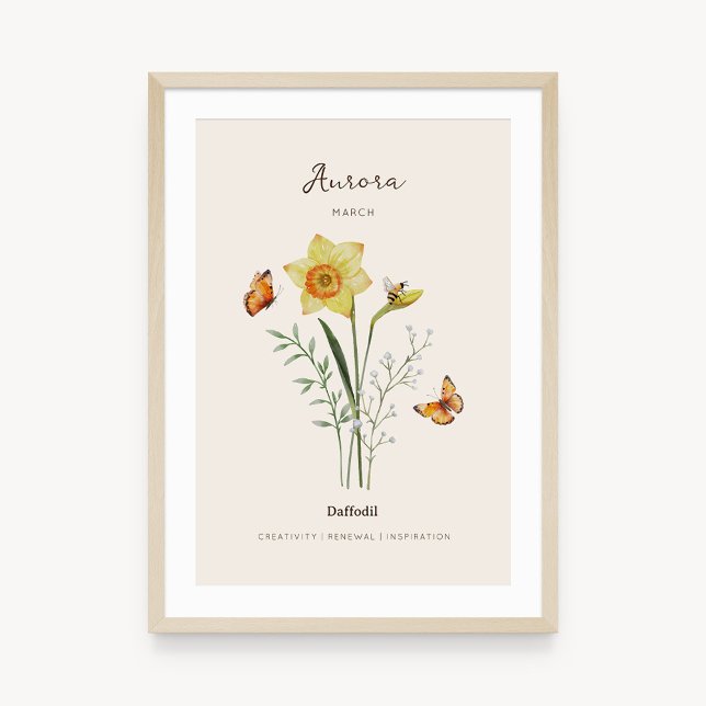 Poster Cartaz de Flor do Mês de Nascimento Daffodil (Example of daffodil birth flower poster once framed. )