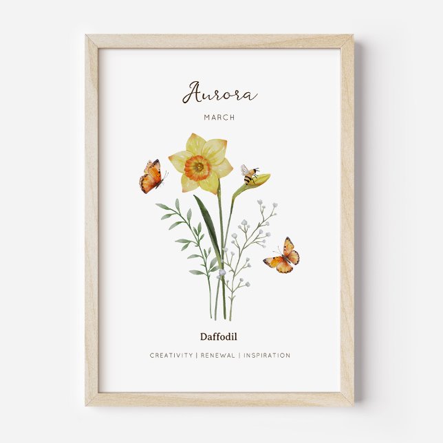 Poster Cartaz de Flor do Mês de Nascimento Daffodil (Example of daffodil birth flower poster once framed. )
