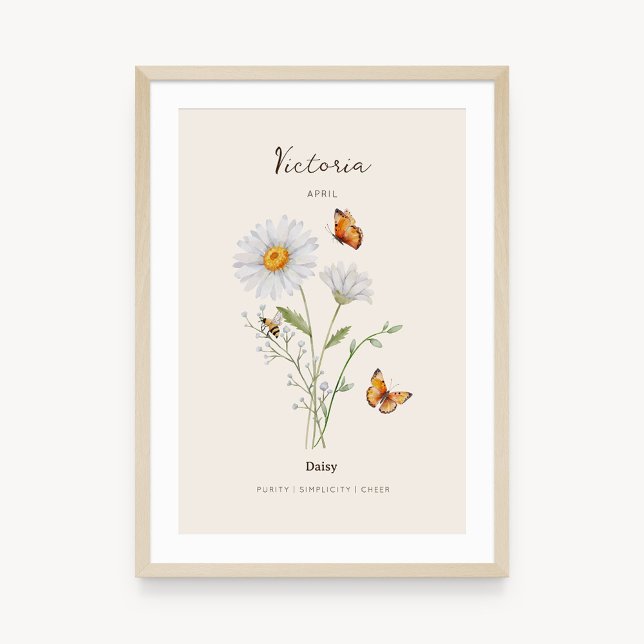 Poster Cartaz de Flor do Mês de Nascimento Daisy (Example of daisy birth flower poster once framed. )