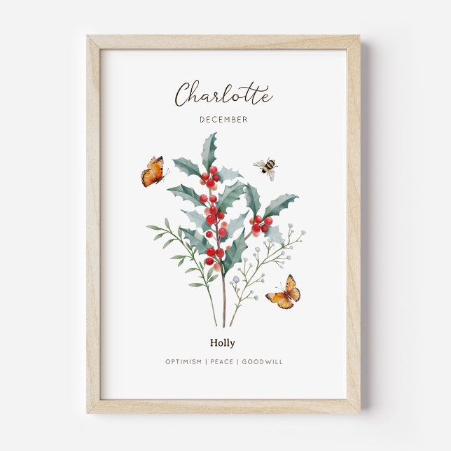 Poster Cartaz de Flor do Mês de Nascimento de Azevinho (Example of holly birth flower poster once framed. )