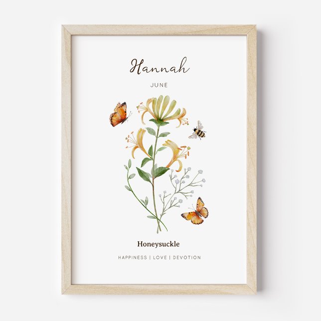 Poster Cartaz de Flor do Mês de Nascimento Honeysuckle (Example of honeysuckle birth flower poster once framed. )