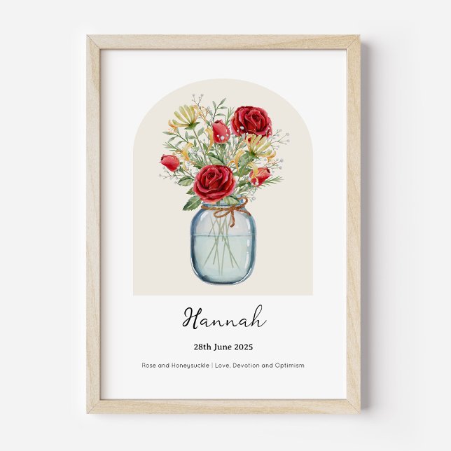 Poster Cartaz de Flor do Mês de Nascimento Honeysuckle Ro (Personalised June Birth Month Flower Bouquet in Vase Poster | Rose and Honeysuckle.)