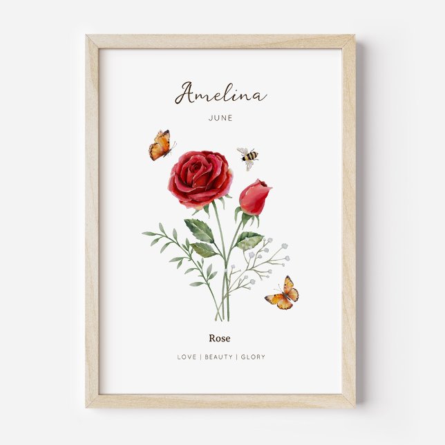 Poster Cartaz de Flor do Mês de Nascimento Rosa (Example of rose birth flower poster once framed. )