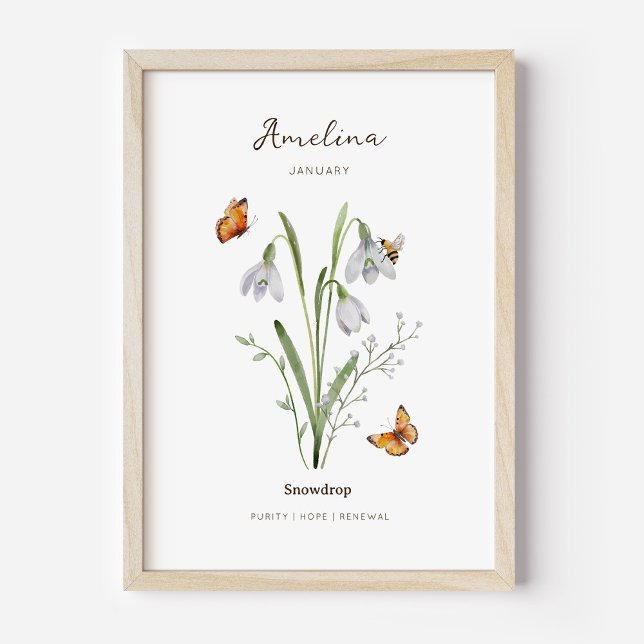 Poster Cartaz de Flor do Mês de Nascimento Snowdrop (Example of snowdrop birth flower poster once framed. )
