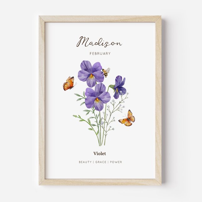 Poster Cartaz de Flor do Mês de Nascimento Violeta (Example of violet birth flower poster once framed. )