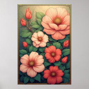 Poster Cartaz de Folhas e Flores Verdes Florais Vintage