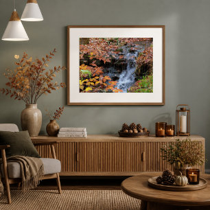 Pôster Cartaz de Foto de Folhas de Outono e Cachoeira