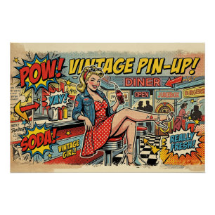 Pôster Cartaz de Garota Pin-Up de Diner Retro Pop Art em
