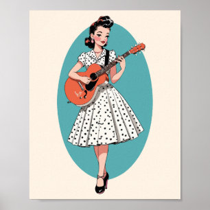 Poster Cartaz de Garota Pin-Up Vintage Tocando Guitarra A