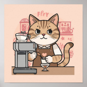 Poster Cartaz de Gatinho Barista de Desenho Animado Fofo