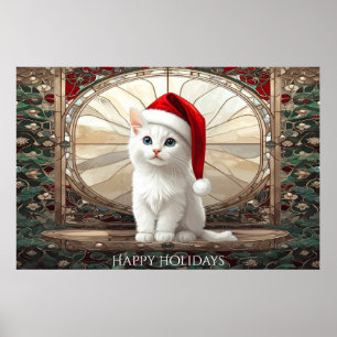 Poster Cartaz de Gatinho Branco com Chapéu de Papai Noel