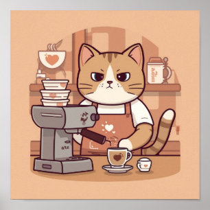 Poster Cartaz de Gato Barista de Desenho Animado Fofo e A