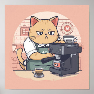 Poster Cartaz de Gato Barista de Desenho Animado Fofo e A