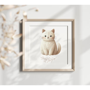 Poster Cartaz de Gato Bege Cremoso Boho Bordado 