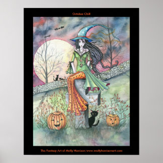 Pôster Cartaz de Gato de Bruxa do Halloween de Outubro Re