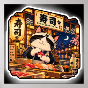 Poster Cartaz de Gato no Balcão de Sushi Arte de Bar de