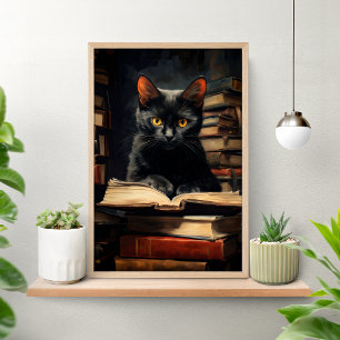 Poster Cartaz de Gato Preto Fofo Lendo um Livro