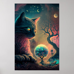 Poster Cartaz de Gato Preto Místico Arte Psicodélica de