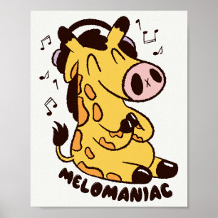 Poster Cartaz de Girafa Fofa Ouvindo Música Melômano