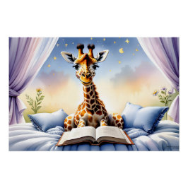 Pôster Cartaz de Girafa Lendo um Livro para Quarto de Beb