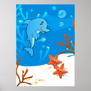 Pôster Cartaz de Golfinho e Estrela-do-Mar Aquáticos e Fo