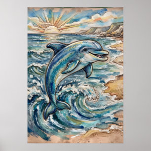 Poster Cartaz de Golfinho Onda do Oceano Aquarela