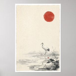 Poster Cartaz de Grou Branco sob Sol Vermelho   Tinta Jap