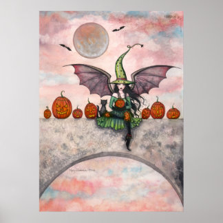 Pôster Cartaz de Halloween Bruxa Gato Abóboras Cranianas