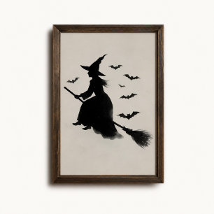 Poster Cartaz de Halloween de Bruxa Voadora em Vassoura