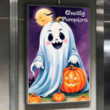 Cartaz de Halloween de Fantasma Fofo com Abóboras