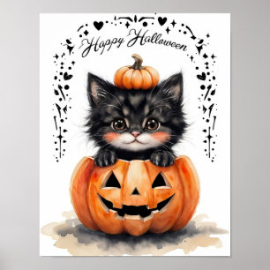 Poster Cartaz de Halloween de Gato Preto Fofo Abóbora J