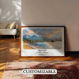Poster Cartaz de Hanalei Havaí, Aquarela, Personalizado