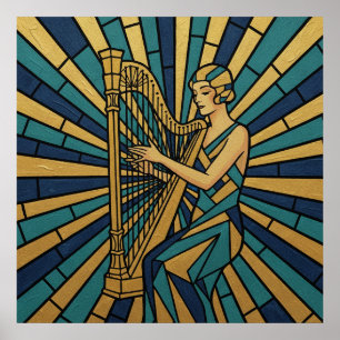 Poster Cartaz de Harpista Art Déco Moderno em Ouro e Azul