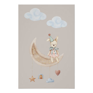 Pôster Cartaz de Ilustração de Boneca Fofa na Lua Crescen