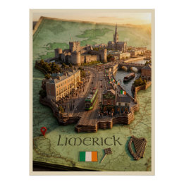 Pôster Cartaz de Ilustração de Mapa 3D de Limerick Irland