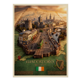 Pôster Cartaz de Ilustração de Mapa 3D de Waterford Irlan