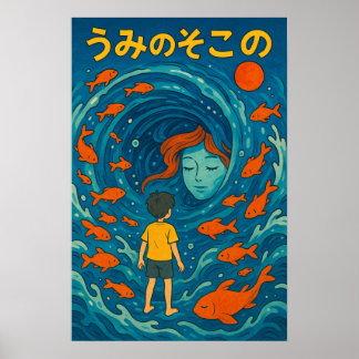 Poster Cartaz de Ilustração do Menino Submarino Peixe Dou