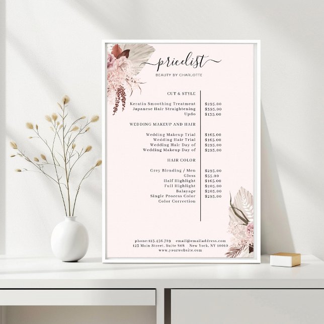 Poster Cartaz de Lista de Preços Boho Trendy (Boho Trendy Light-Pink Pricelist )