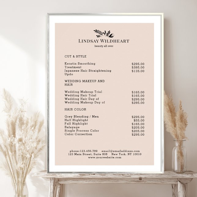 Poster Cartaz de Lista de Preços de Salão Botânico Bege M (Custom Minimal Beige Botanical Salon Price List Poster. Print & Instant Download.)