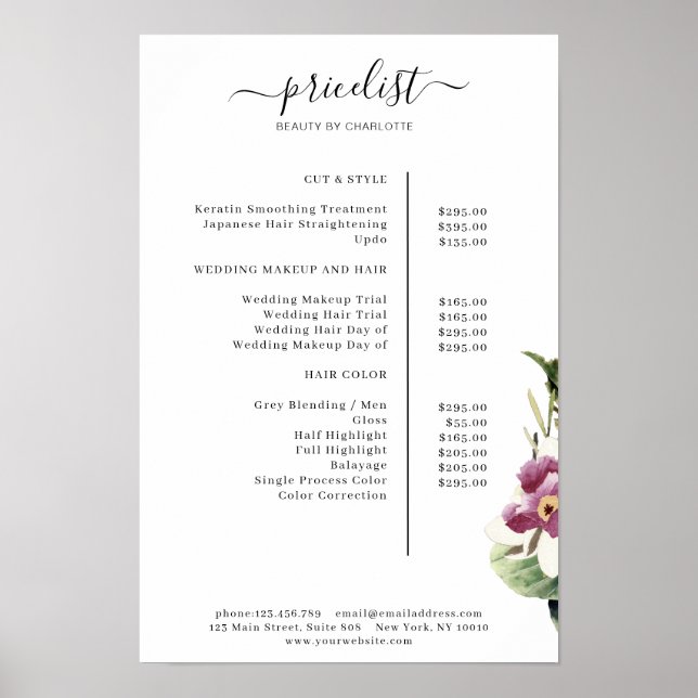 Poster Cartaz de Lista de Preços Floral (Frente)