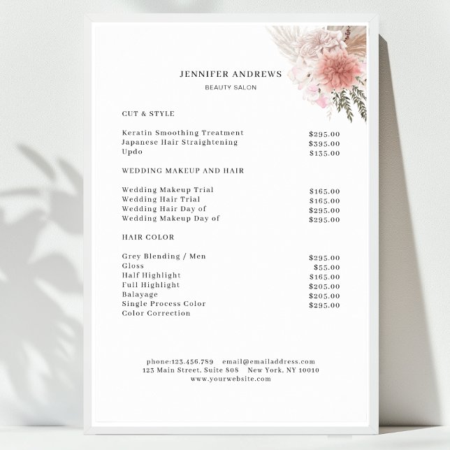 Poster Cartaz de Lista de Preços Floral Moderno (Floral Minimal Salon Price List Poster)