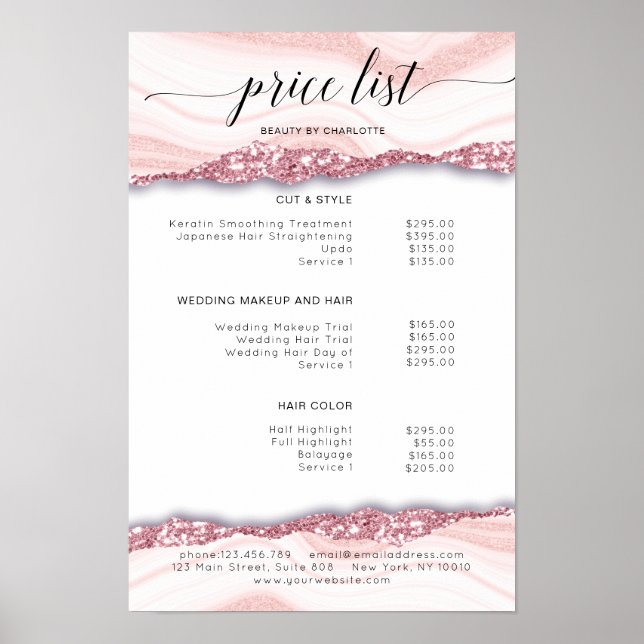 Poster Cartaz de lista de preços moderno, brilho, rosa-br (Frente)