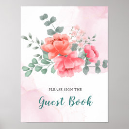 Poster Cartaz de livro de visitas em aquarela rosa elegan