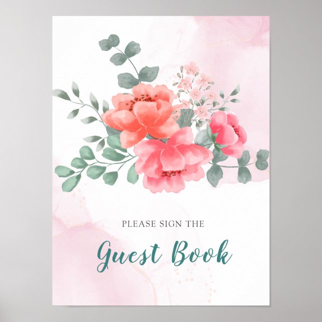 Poster Cartaz de livro de visitas em aquarela rosa elegan (Frente)