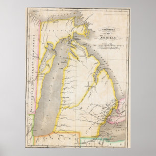 Poster Cartaz de Mapa Antigo da Área de Michigan 1825