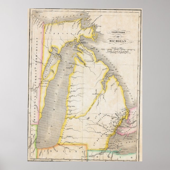 Poster Cartaz de Mapa Antigo da Área de Michigan 1825 (Frente)