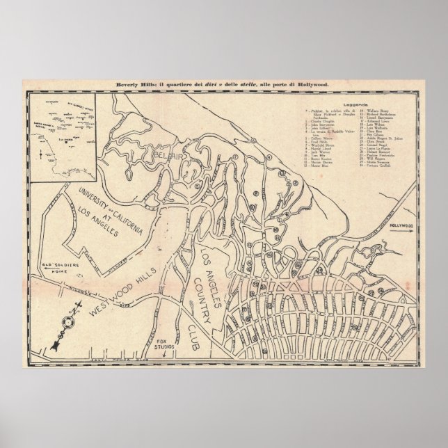 Poster Cartaz de Mapa Antigo de Beverly Hills 1930 (Frente)