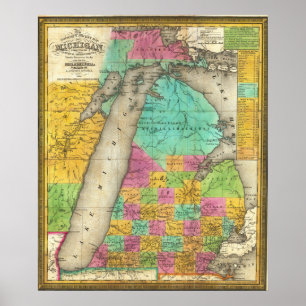Poster Cartaz de Mapa Antigo do Lago Michigan 1835