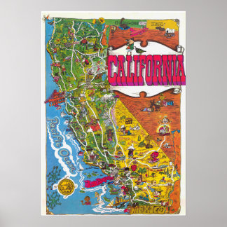 Poster Cartaz de Mapa Colorido Vintage da Califórnia 1976